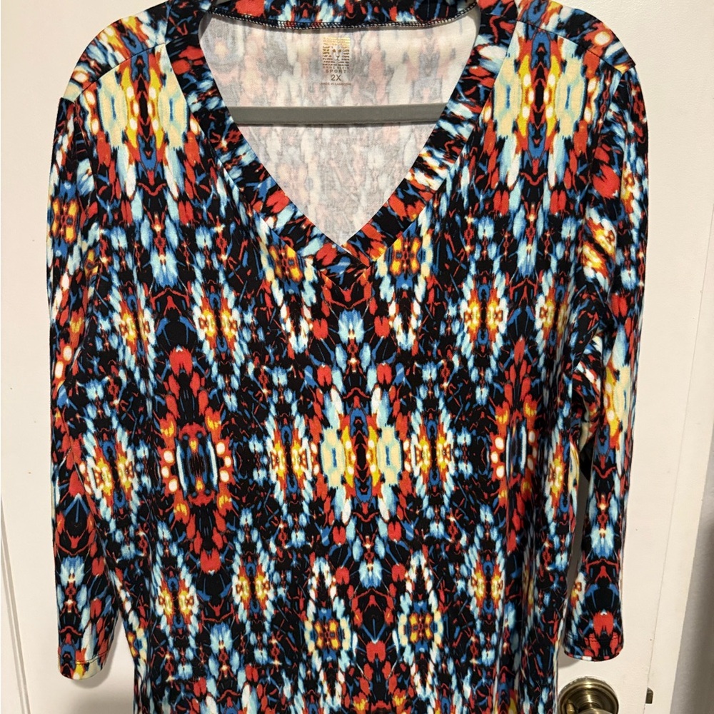 Anne Klein Multicolor V-Neck Long Sleeve Top - Red, Blue, Yellow, Black